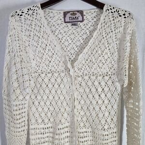 Vintage Tiara Womens M White Crochet Open Front Long Cardigan‎ Y2k Hippy Fairy